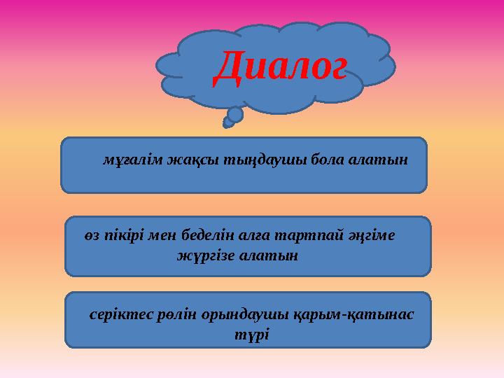 мұғалім жақсы тыңдаушы бола алатын Диалог өз пікірі мен беделін алға тартпай әңгіме жүргізе алатын серіктес рөлін орындаушы қа