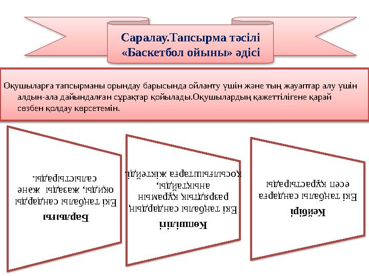 Саралау.Тапсырма тәсілі «Баскетбол ойыны» әдісі Оқушыларға тапсырманы орындау барысында ойланту үшін және тың жауаптар алу үшін