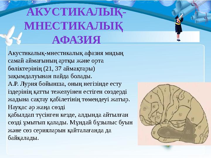 Акустикалық-мнестикалық афазия мидың самай аймағының артқы және орта бөліктерінің (21, 37 аймақтары) зақымдалуынан пайда бола