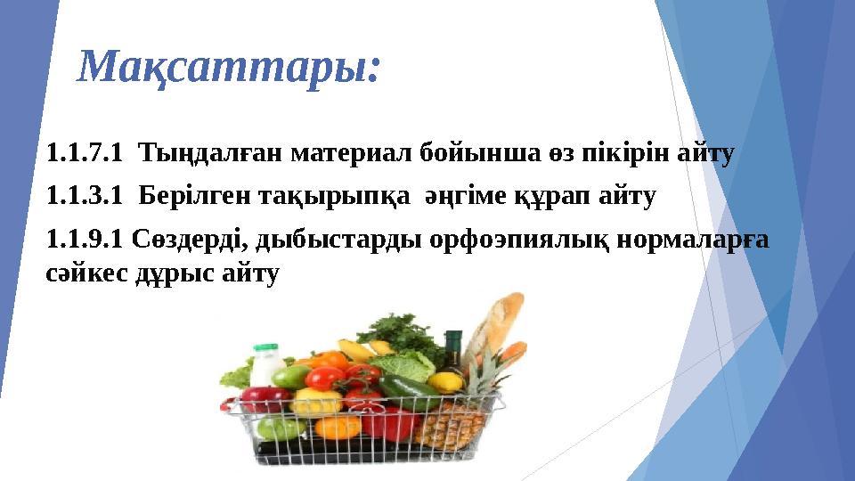 Мақсаттары: 1.1 . 7.1 Тыңдалған материал бойынша өз пікірін айту 1.1.3.1 Берілген тақырыпқа әңгіме құрап айту 1.1.9.1 Сөз