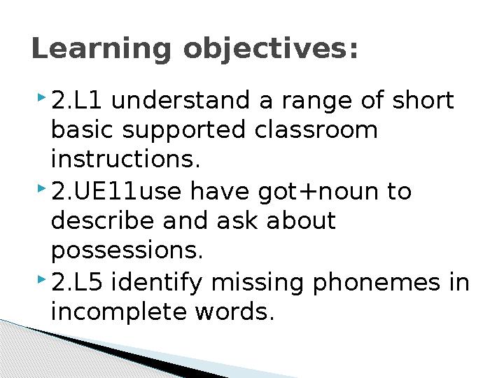  2.L1 understand a range of short basic supported classroom instructions.  2 .UE11use have got+noun to describe and ask abo
