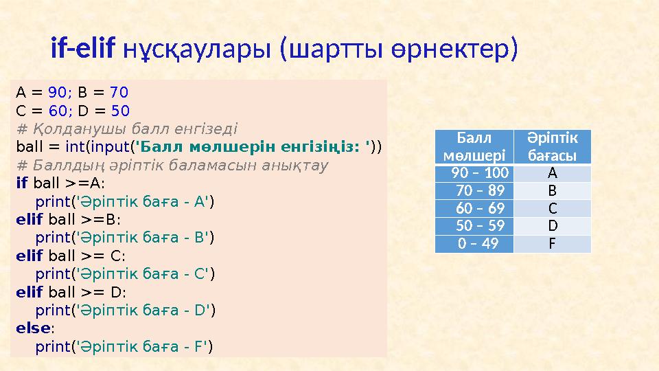 • If + else нұсқаулары : Сіз мұнда "else" нұсқауын тек "if" нұсқауынан кейін қоя аласыз • 3 - мысал a= 71 if a> 50 :