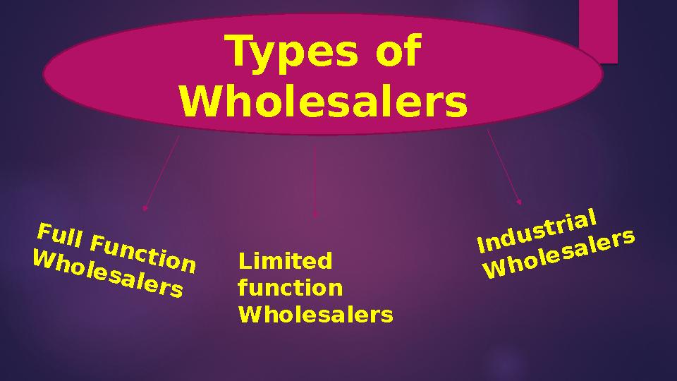I n d u s t r i a l W h o l e s a l e r s Types of Wholesalers F u l l F u n c t i o n W h o l e s a l
