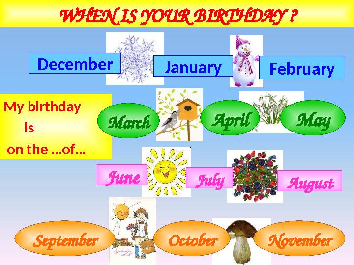 My birthday is on the …of… WHEN IS YOUR BIRTHDAY ? FebruaryDecember January March April May June July August Septembe