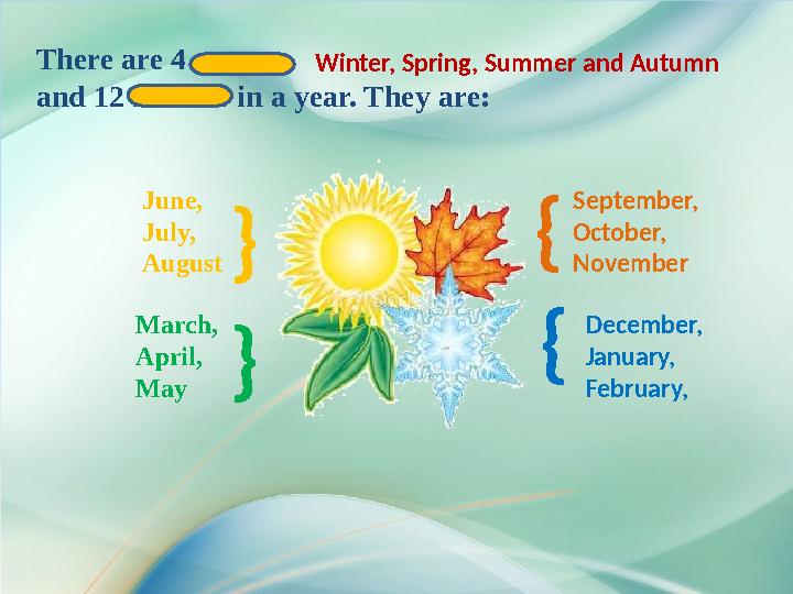 }December, January, February,June, July, August }} March, April, MayThere are 4 seasons and 12 m