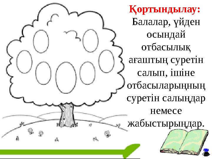 Қортындылау: Балалар, үйден осындай отбасылық ағаштың суретін салып, ішіне отбасыларыңның суретін салыңдар немесе жабы