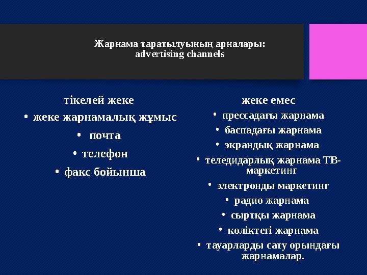 Жарнама таратылуының арналары: advertising channels тікелей жеке • жеке жарнамалық жұмыс • почта • телефон • факс бойынша же