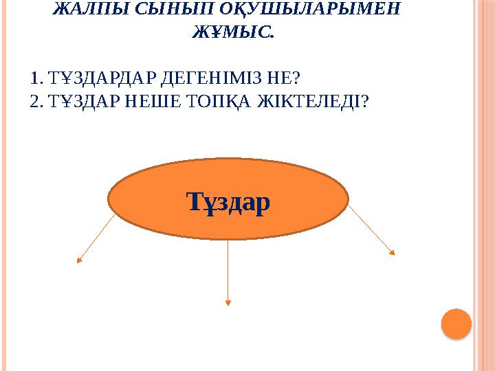 ЖАЛПЫ СЫНЫП ОҚУШЫЛАРЫМЕН ЖҰМЫС. 1. ТҰЗДАРДАР ДЕГЕНІМІЗ НЕ? 2. ТҰЗДАР НЕШЕ ТОПҚА ЖІКТЕЛЕДІ? Тұздар