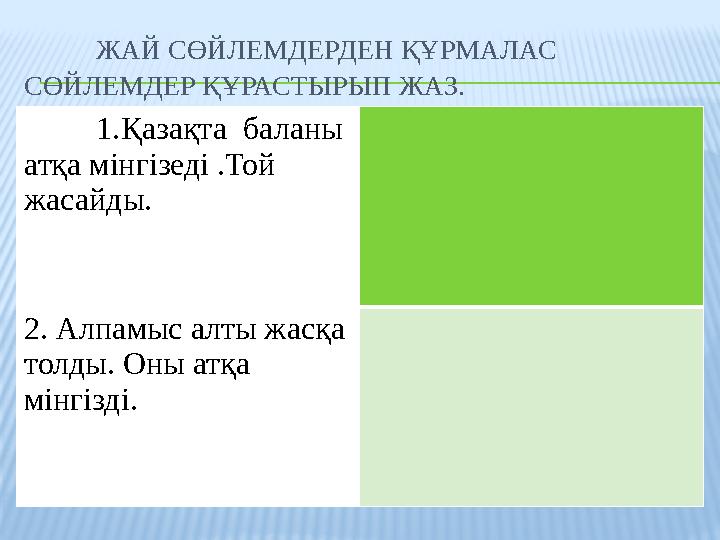 ЖАЙ СӨЙЛЕМДЕРДЕН ҚҰРМАЛАС СӨЙЛЕМДЕР ҚҰРАСТЫРЫП ЖАЗ. 1.Қазақта баланы атқа мінгізеді .Той жасайды. 2. Алпамыс алты