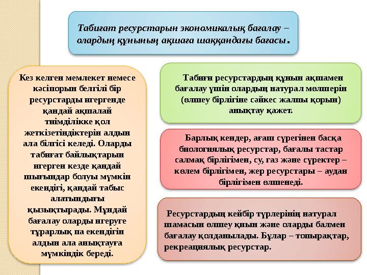 Табиғат ресурстарын экономикалық бағалау – олардың құнының ақшаға шаққандағы бағасы . Кез келген мемлекет немесе кәсіп