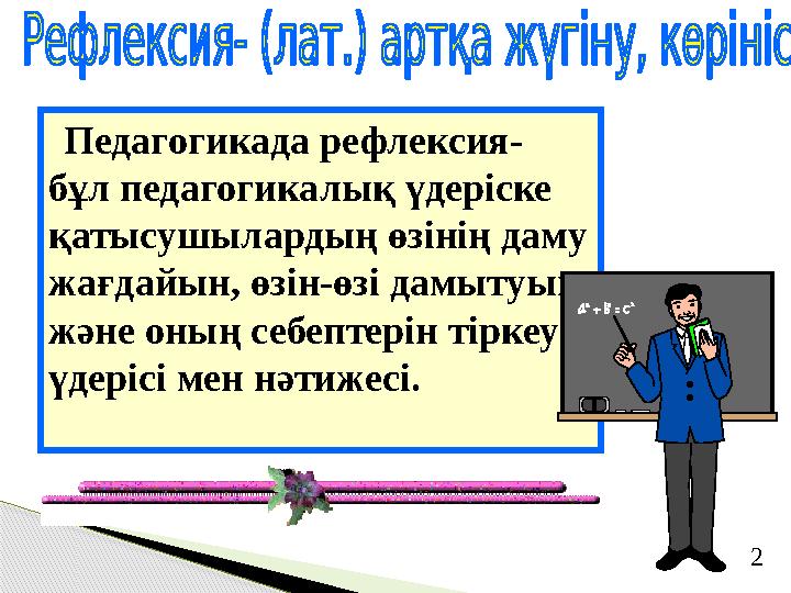 Педагогикада рефлексия- бұл педагогикалық үдеріске қатысушылардың өзінің даму жағдайын, өзін-өзі дамытуын және оның себеп
