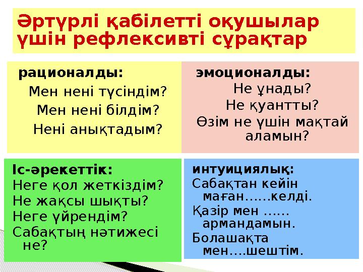 Әртүрлі қабілетті оқушылар үшін рефлексивті сұрақтар рационалды: Мен нені түсіндім? Мен нені білдім? Нені анықтадым? эмоци