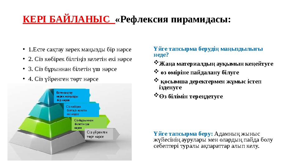 КЕРІ БАЙЛАНЫС «Рефлексия пирамидасы: • 1.Есте сақтау керек маңызды бір нәрсе • 2. Сіз көбірек білгіңіз келетін екі нәрсе •