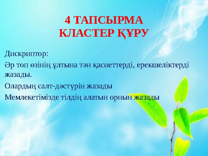 4 ТАПСЫРМА КЛАСТЕР ҚҰРУ Дискриптор: Әр топ өзінің ұлтына тән қасиеттерді, ерекшеліктерді жазады. Олардың салт-дәстүрін жазады М