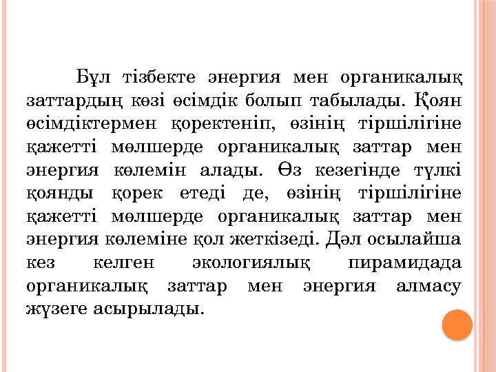 Бұл тізбекте энергия мен органикалық заттардың көзі өсімдік болып табылады. Қоян өсімдіктермен қоректеніп, өзінің
