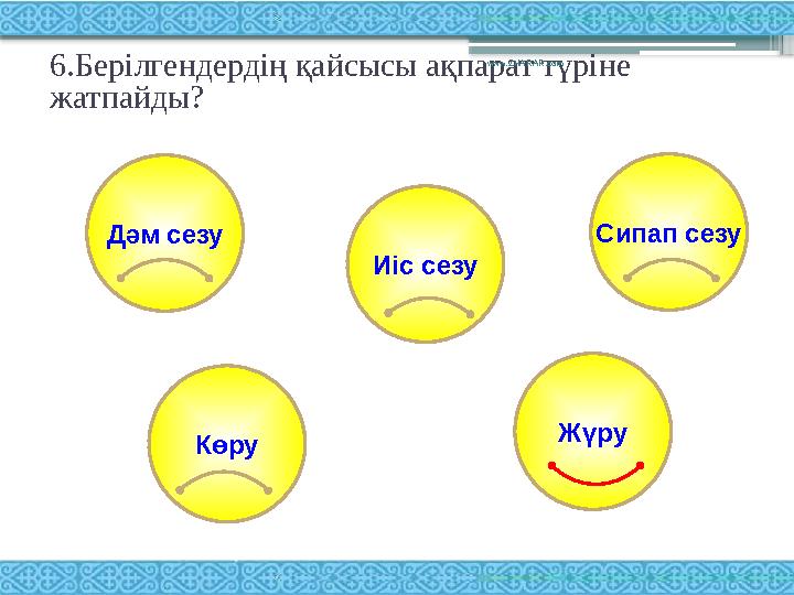 6.Берілгендердің қайсысы ақпарат түріне жатпайды? www.ZHARAR.com Дәм сезу Сипап сезу Иіс сезу Көру Жүру