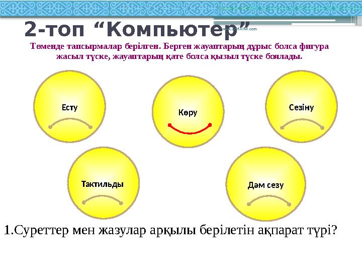 1.Суреттер мен жазулар арқылы берілетін ақпарат түрі? КөруЕсту Сезіну Тактильды Дәм сезу2-топ “ Компьютер ” www.ZHARAR.com Төм