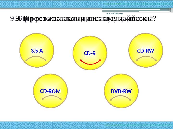 9. Бір рет жазылатын диск атауы қайсысы? www.ZHARAR.com 3.5 A CD-RW CD-ROM DVD-RWCD-R9. Бір рет жазылатын диск атауы қайсысы?