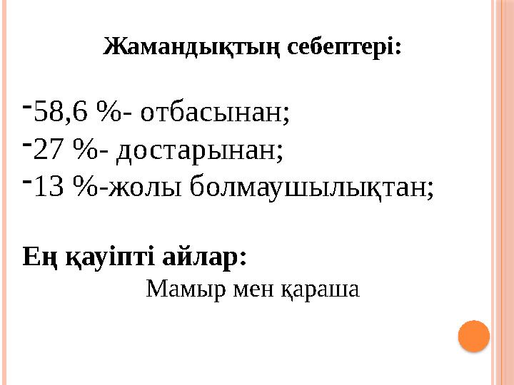 Жамандықтың себептері: - 58,6 % - отбасынан; - 27 % - достарынан; - 13 % -жолы болмаушылықтан; Ең қауіпті айлар: Мамыр мен қа