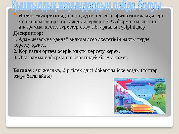  Әр топ «күкірт оксидтерінің адам ағзасына физиологиялық әсері мен қоршаған ортаға зиянды әсерлерін» А3 форматты қағазға диаг
