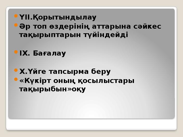  ҮІІ.Қорытындылау  Әр топ өздерінің аттарына сәйкес тақырыптарын түйіндейді  ІХ. Бағалау  Х.Үйге тапсырма беру  «Күкірт он