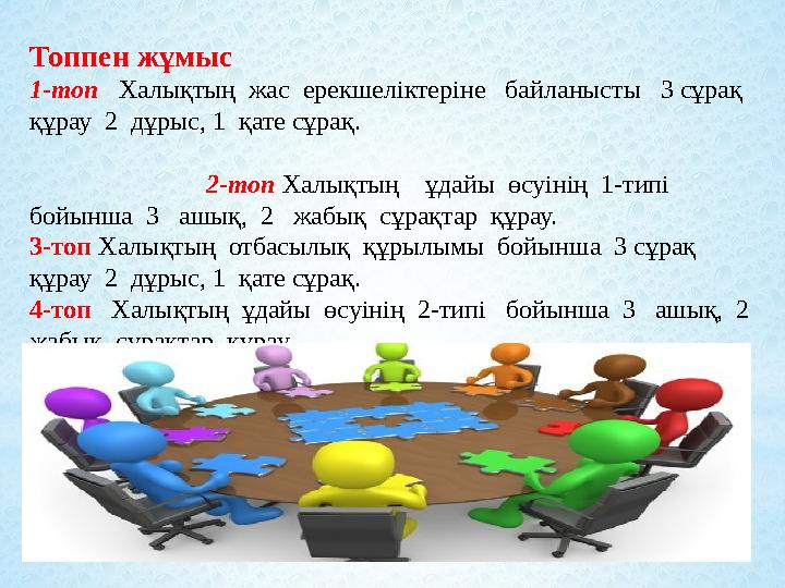 Топпен жұмыс 1-топ Халықтың жас ерекшеліктеріне байланысты 3 сұрақ құрау 2 дұрыс, 1 қате сұрақ.