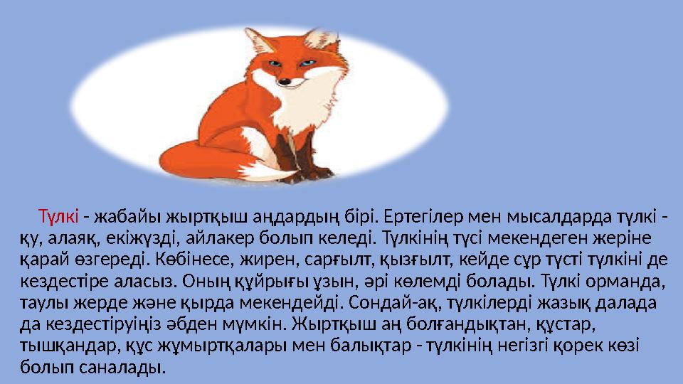 Түлкі - жабайы жыртқыш аңдардың бірі. Ертегілер мен мысалдарда түлкі - қу, алаяқ, екіжүзді, айлакер