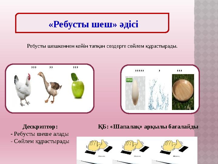 ,,, ,, ,,, Ребусты шешкеннен кейін тапқан сөздерге сөйлем құрастырады. ,,,,,