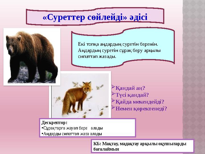 «Суреттер сөйлейді» әдісі Екі топқа аңдардың суретін беремін. Аңдардың суретін сұрақ беру арқылы сипаттап жазады.  Қандай а