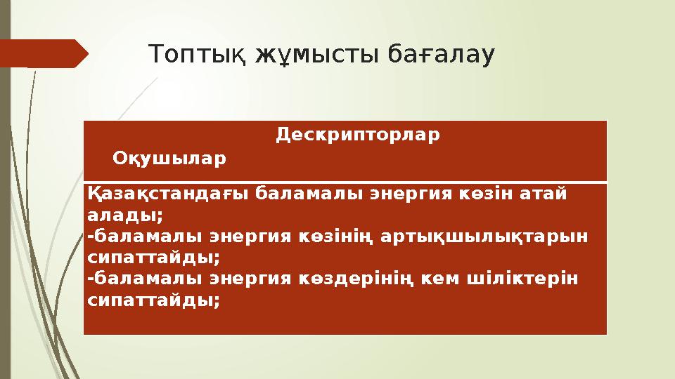 Топтық жұмысты бағалау Дескрипторлар Оқушылар Қазақстандағы баламалы энергия көзін атай алады; -баламалы энергия көзінің артықш