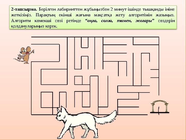 2-тапсырма. Берілген лабиринттен жұбыңызбен 2 минут ішінде тышқанды ініне жеткізіңіз. Парақтың екінші жағына мақсат