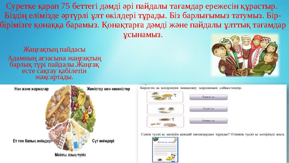 Суретке қарап 75 беттегі дәмді әрі пайдалы тағамдар ережесін құрастыр. Біздің елімізде әртүрлі ұлт өкілдері тұрады. Біз барлығы