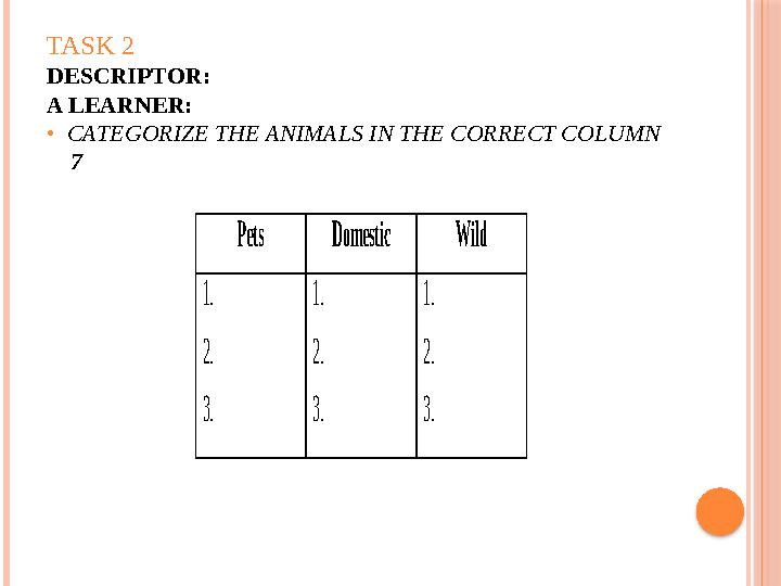 TASK 2 DESCRIPTOR: A LEARNER: • CATEGORIZE THE ANIMALS IN THE CORRECT COLUMN 7Pets Domestic Wild 1. 2. 3.