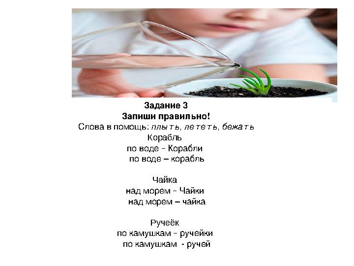 Задание 3 Запиши правильно! Слова в помощь: плыть , лететь , бежать Корабль по воде – Корабли по воде – корабль