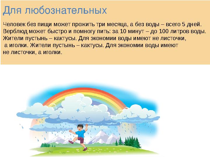 Для любознательных Человек без пищи может прожить три месяца, а без воды – всего 5 дней. Верблюд может быстро и помногу пить: за