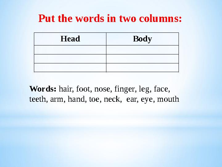 Put the words in two columns: Head Body Words: hair, foot, nose, finger, leg, face, teeth, arm, hand, toe, neck, ear, eye,