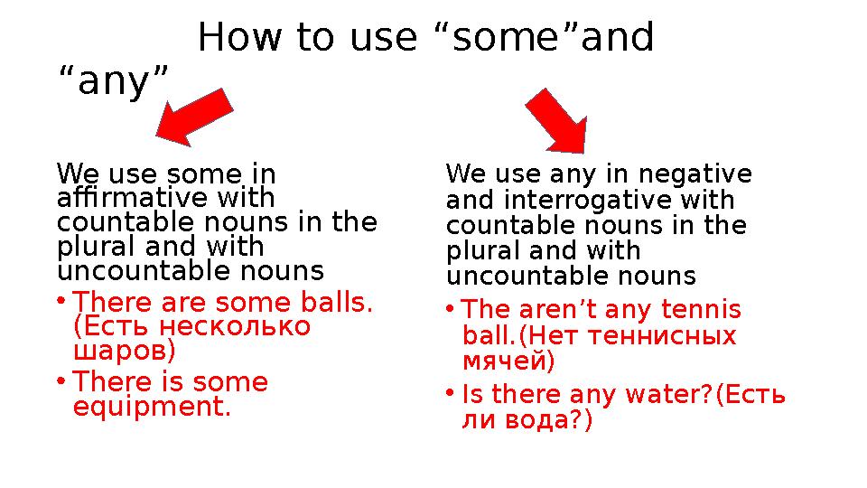 How to use “some”and “any” We use some in affirmative with countable nouns in the plural and with uncountable