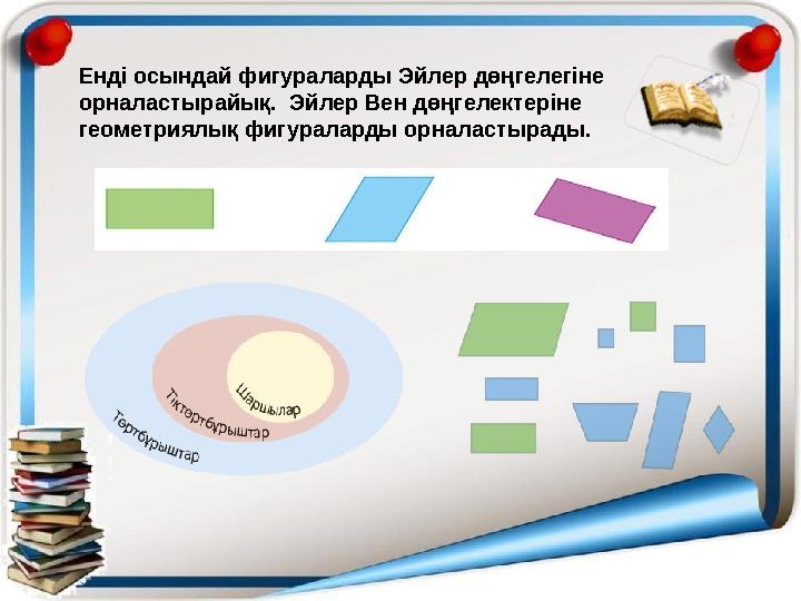 Енді осындай фигураларды Эйлер дөңгелегіне орналастырайық. Эйлер Вен дөңгелектеріне геометриялық фигураларды орналастырады.