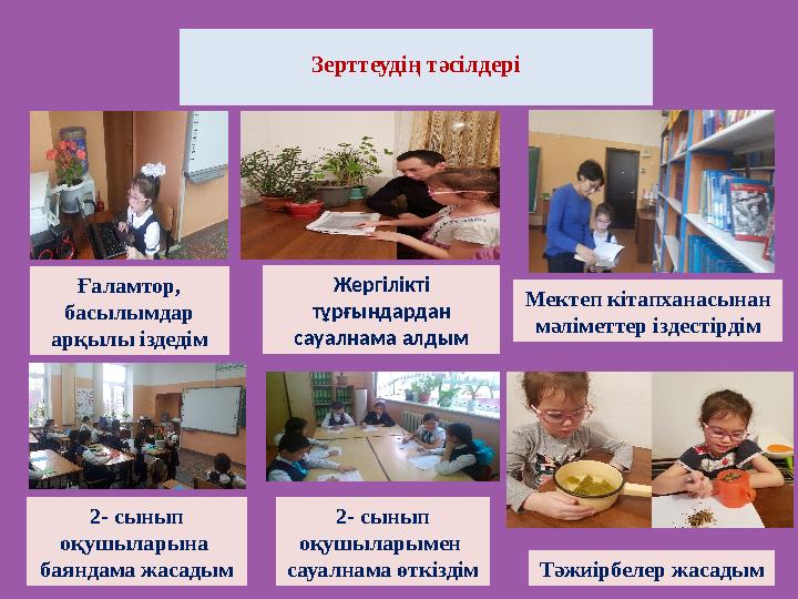 Зерттеудің тәсілдері Ғаламтор, басылымдар арқылы іздедім Жергілікті тұрғындардан сауалнама алдым Мектеп кітапханасынан мәлі