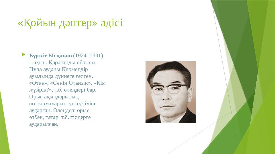 «Қойын дәптер» әдісі  Бүркіт Ысқақов (1924–1991) – ақын. Қарағанды облысы Нұра ауданы Көкмөлдір ауылында дүниеге келген.