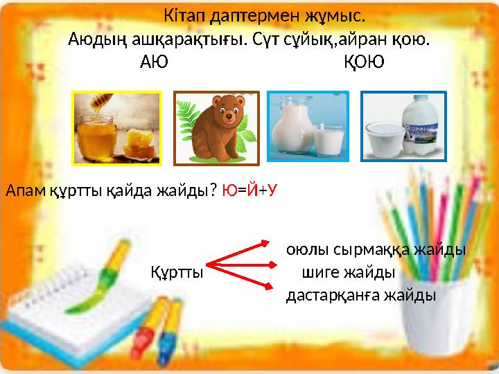 Кітап даптермен жұмыс. Аюдың ашқарақтығы. Сүт сұйық,айран қою. АЮ