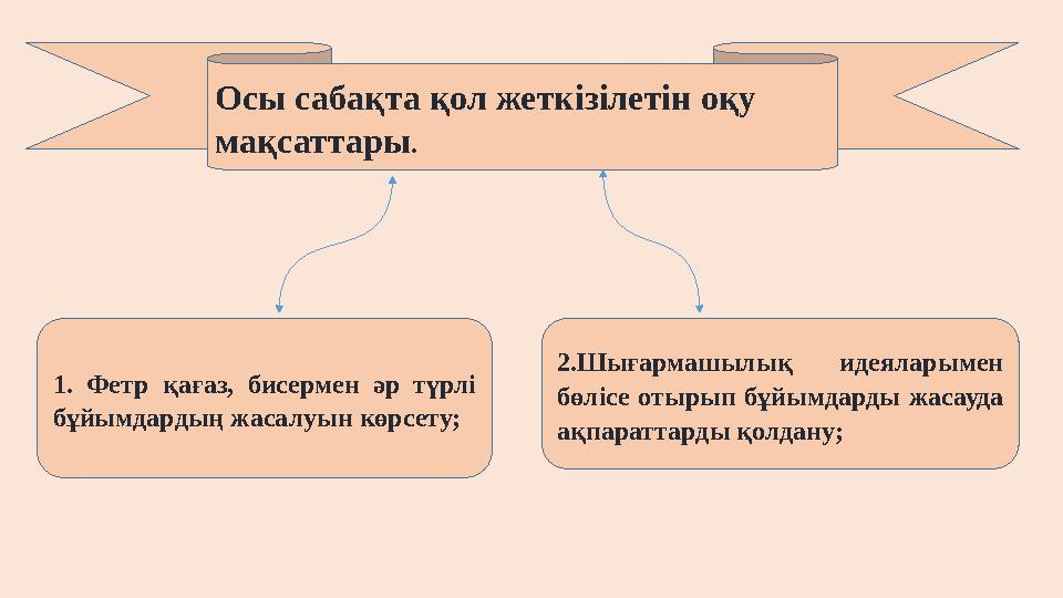 Осы сабақта қол жеткізілетін оқу мақсаттары . 1. Фетр қағаз, бисермен әр түрлі бұйымдардың жасалуын көрсету; 2.Шығармашыл