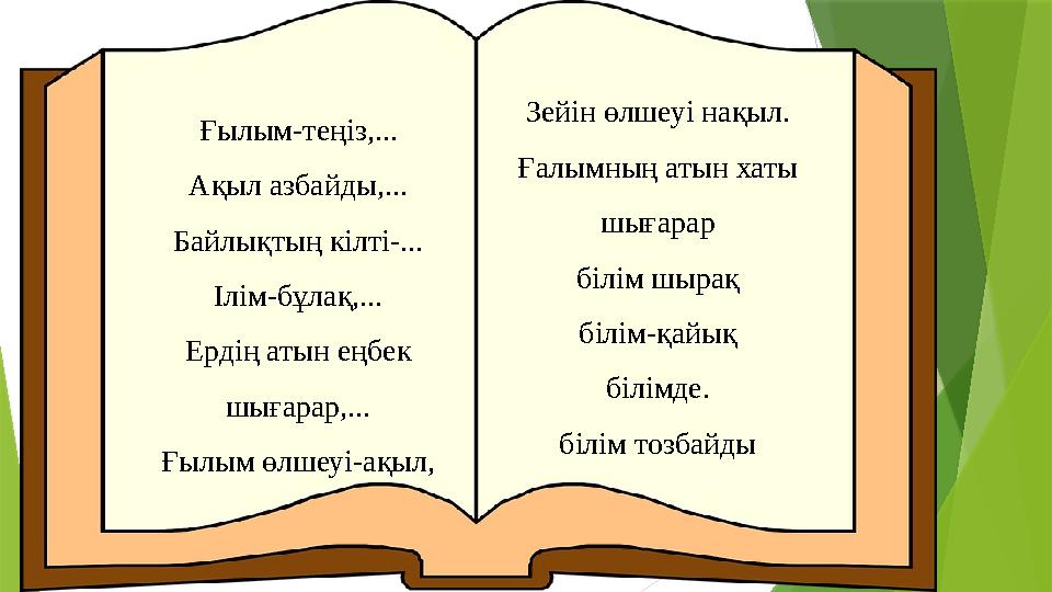 Ғылым-теңіз,... Ақыл азбайды,... Байлықтың кілті-... Ілім-бұлақ,... Ердің атын еңбек шығарар,... Ғылым өлшеуі-ақыл, Зейін өлшеу