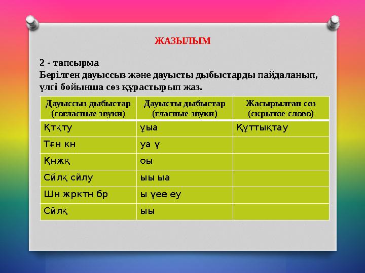 ЖАЗЫЛЫМ 2 - тапсырма Берілген дауыссыз және дауысты дыбыстарды пайдаланып, үлгі бойынша сөз құрастырып жаз. Дауыссыз дыбыста