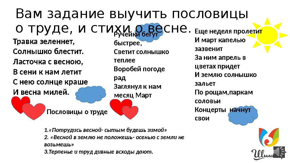 Вам задание выучить пословицы о труде, и стихи о весне. Травка зеленнет, Солнышко блестит. Ласточка с весною, В сени к нам лет