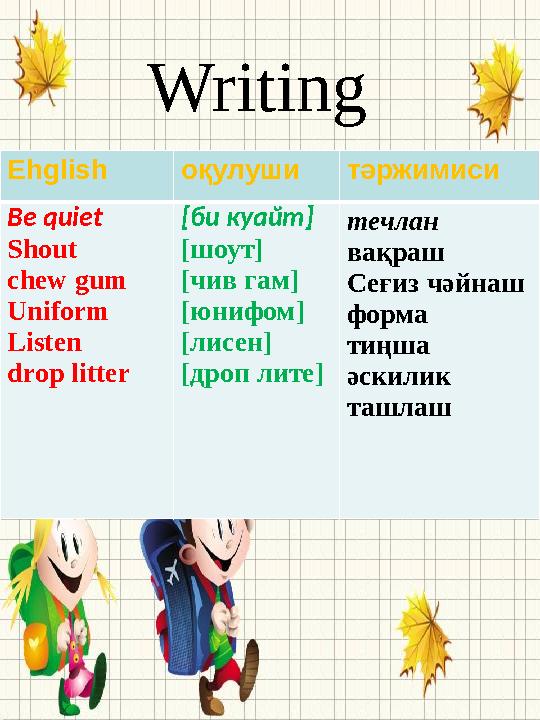 Writing Be quiet Ehglish оқулуши тәржимиси Be quiet Shout chew gum Uniform Listen drop litter [ би куайт ] [ шоут ] [ чив