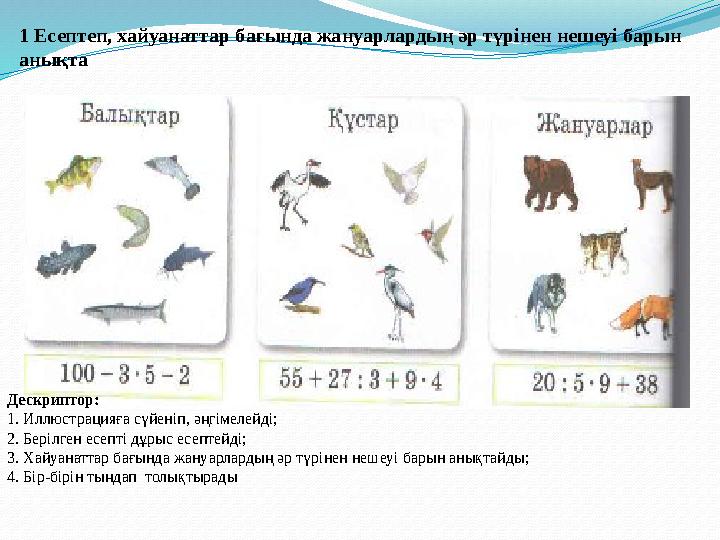 1 Есептеп, хайуанаттар бағында жануарлардың әр түрінен нешеуі барын анықта Дескриптор: 1. Иллюстрацияға сүйеніп, әңгімелейді;