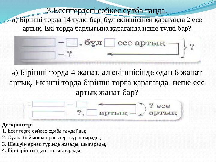 3.Есептердегі сәйкес сұлба таңда. а) Бірінші торда 14 түлкі бар, бұл екіншісінен қарағанда 2 есе артық. Екі торда барлығына қар