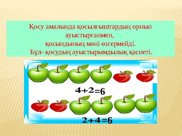 Қосу амалында қосылғыштардың орнын ауыстырғанмен, қосындының мәні өзгермейді. Бұл- қосудың ауыстырымдылық қасиеті. =6 =6