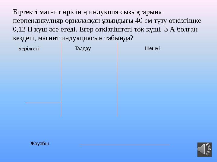 Берілгені Талдау Шешуі ЖауабыБіртекті магнит өрісінің индукция сызықтарына перпендикулияр орналасқан ұзындығы 40 см түзу өткізг